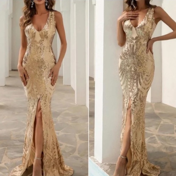 Sequins V neck slit thigh formal party evening Luxe dress. Sorry no returns. - Picture 2 of 8